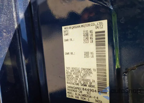 2012 Nissan Maxima 3.5 Sv z USA, uszkodzony, nr VIN 1N4AA5AP6CC844904